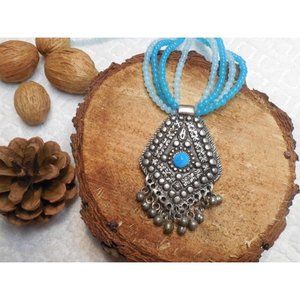 Blue Necklace with Metal Pendant